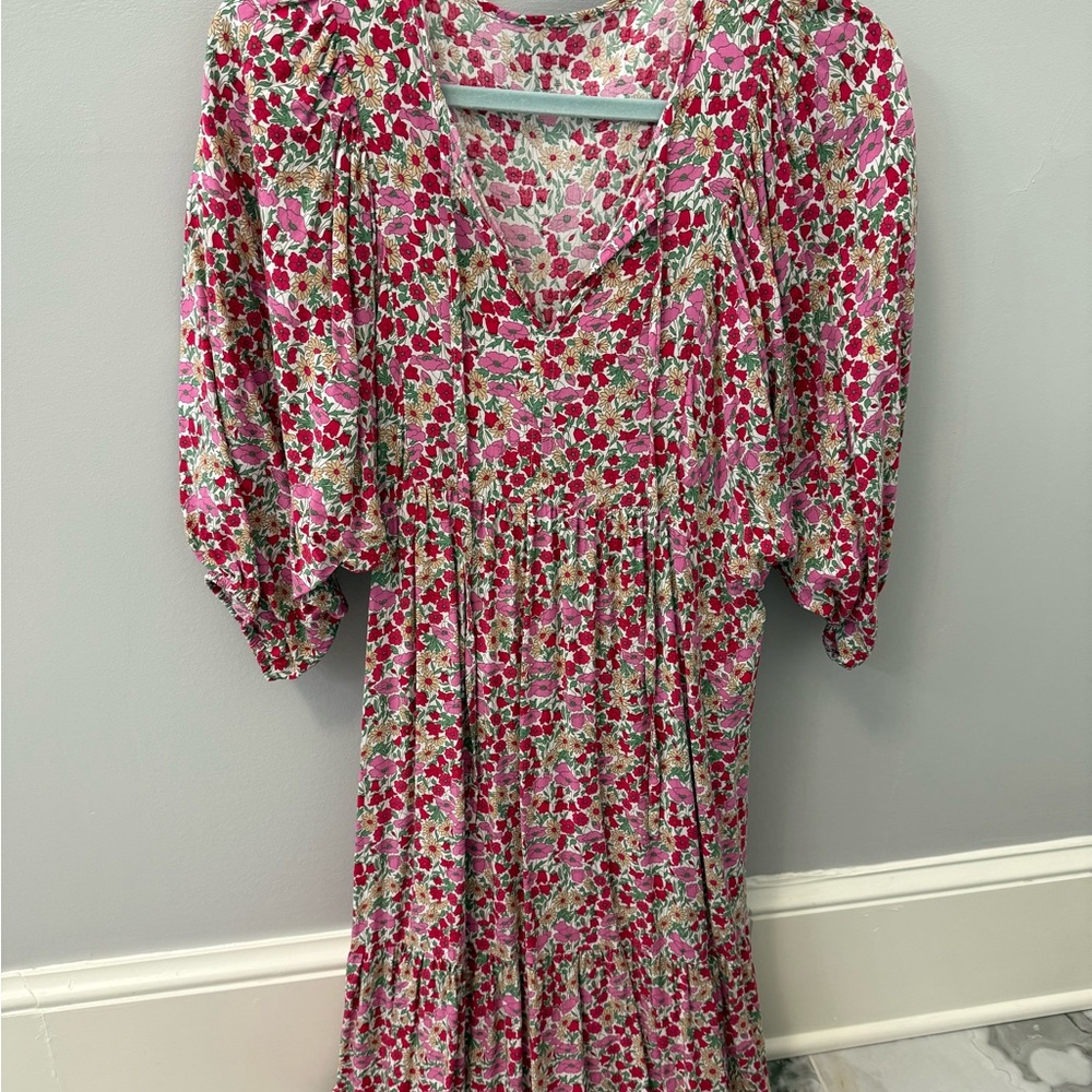Amazon Essentials Pink and Red Pleated Sundress with Bishop Sleeves